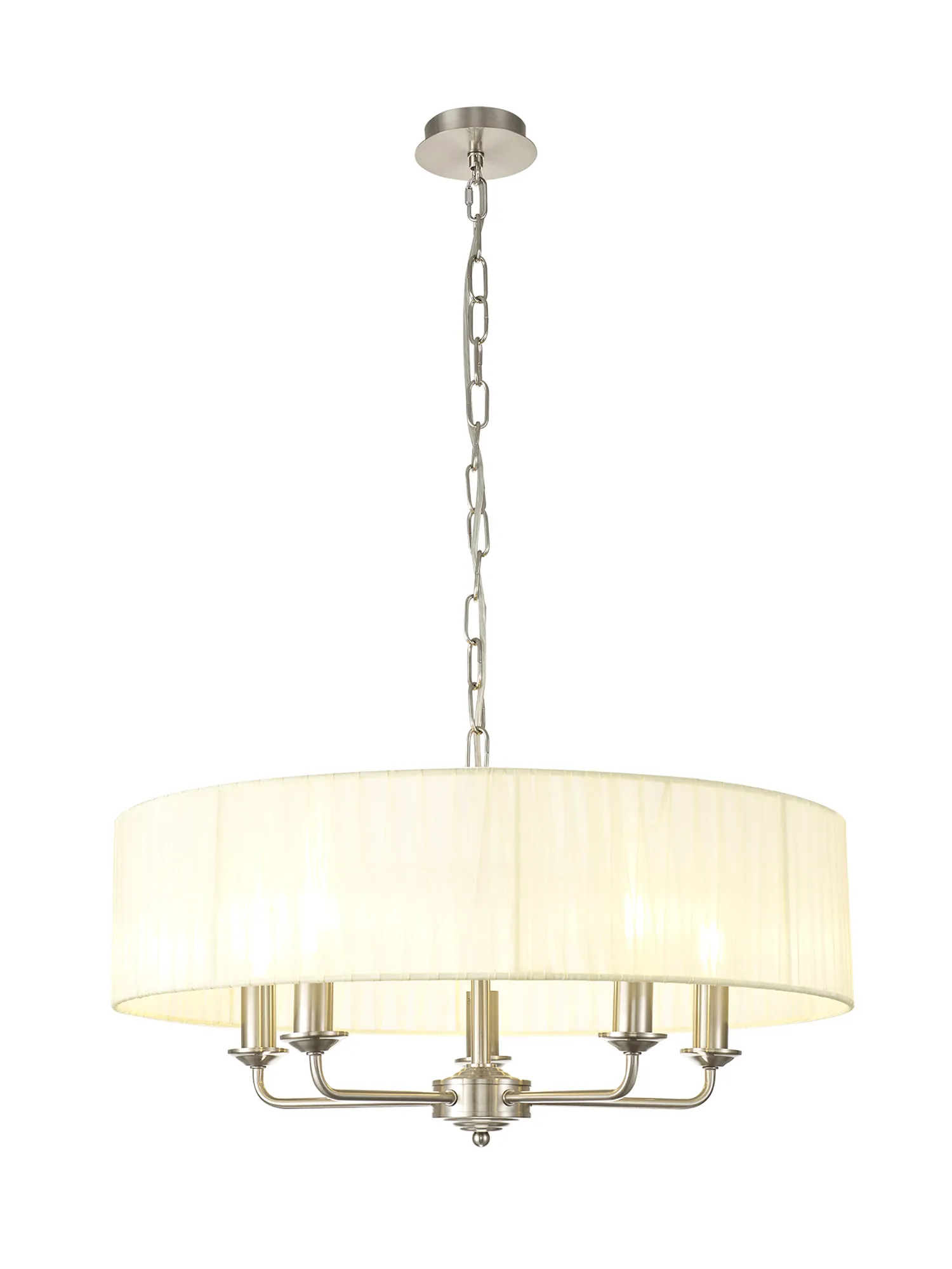 DK0874  Banyan 5 Light Multi Arm Pendant With 60cm x 15cm Organza Shade Satin Nickel/Cream